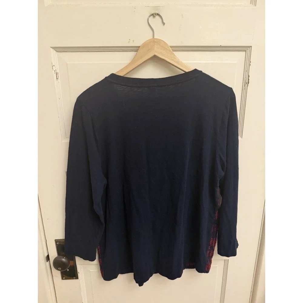 J.Crew Women's Navy Purple Embroidered Slim Fit ¾‎ Sleeve Tee Shirt Top Size XL